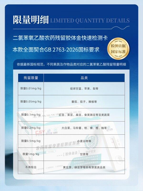 冠宇仪器二氯苯氧乙酸胶体金检测试剂盒20T,GB2763-2026药材果蔬二氯苯氧乙酸农残快速检测卡
